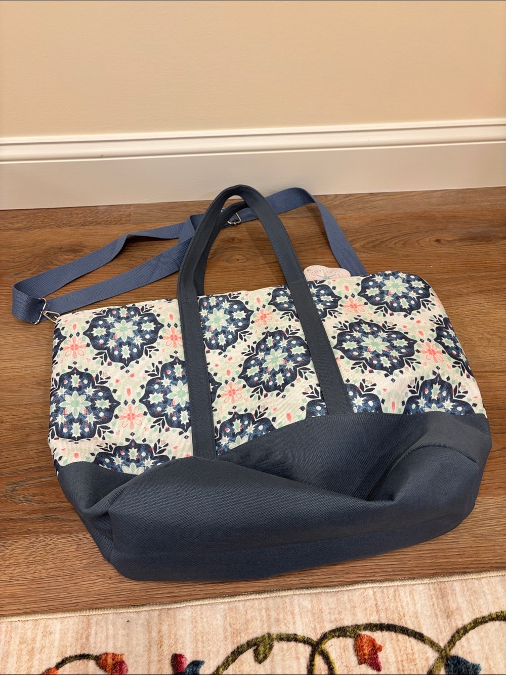Navy Floral Canvas Tote Bag - Women's Travel Shoulder Bag